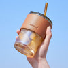 Aesthetic Glass Tumbler with Leather Sleeve & Straw (Spill-Proof)